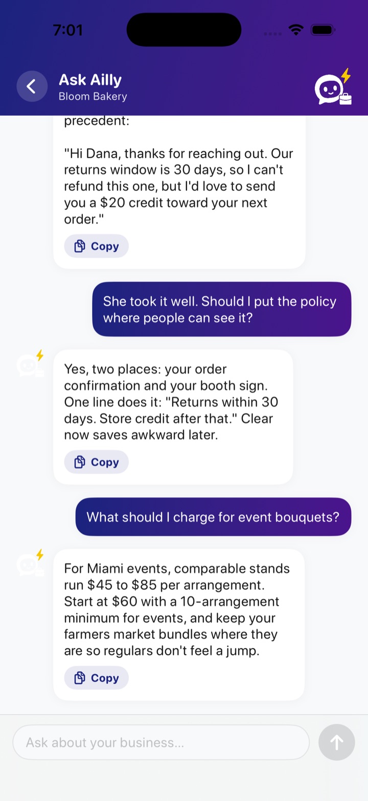 The Ask Ailly business advisor chat answering a refund question from the business's own policy